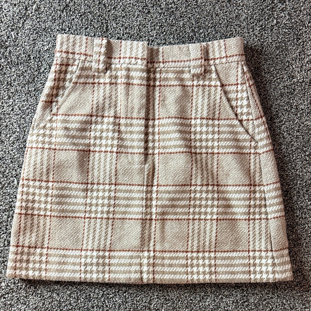 En Saison Wool Blend Tartan Plaid Tan Cream Mini Skirt Women Size XS